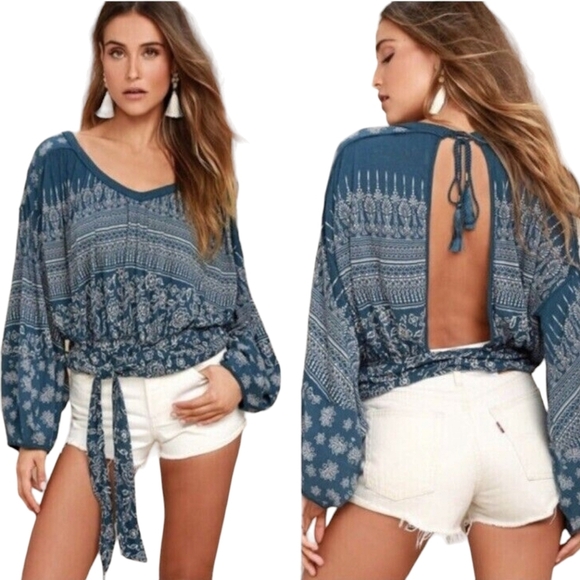 Free People Sz S Weekend Warrior Open Back Balloon Sleeve Relaxed Boho Top Blue - Picture 1 of 16